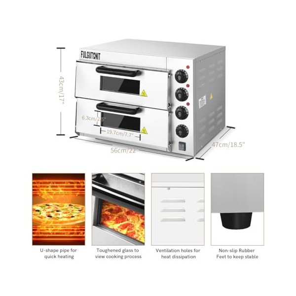 Fulgutonit Four à Pizza Électrique Double, Four à Pizza en Acier Inoxydable avec Pierre à Pizza de 40x40cm, 3000W Four Pizza 