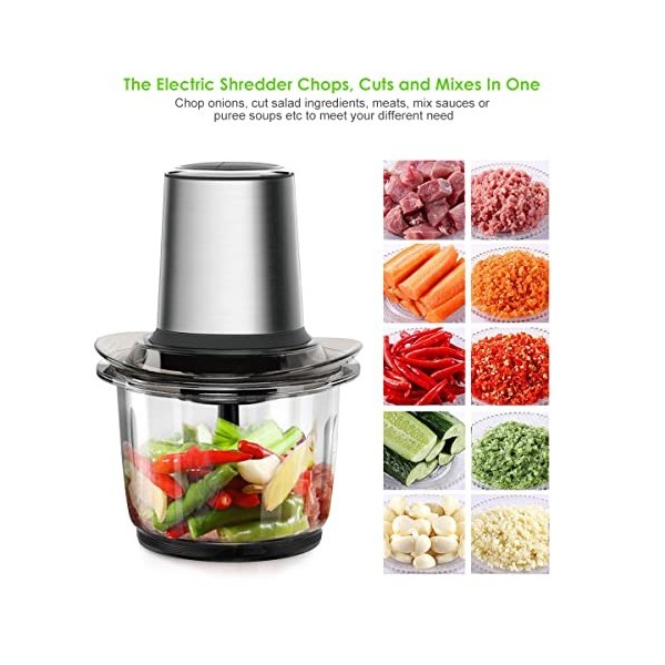 Hachoir Électrique, 400W Hachoir a Viande, 2 Niveaux de Vitesse, 1.5 L Bol en Verre, 4 Lames Inox Amovibles, Hachoir Multifon