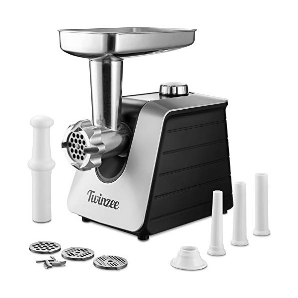 Twinzee Hachoir à Viande Électrique Noir - Hachoir Électrique Polyvalent avec 3 Plaques de Coupe en Métal et 3 Embouts à Sa