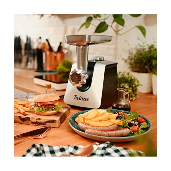 Twinzee Hachoir à Viande Électrique Noir - Hachoir Électrique Polyvalent avec 3 Plaques de Coupe en Métal et 3 Embouts à Sa