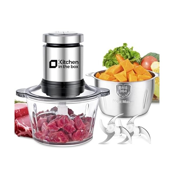 Kitchen in the box Hachoir Électrique, Mixeur hachoir, 2L Bol en acier inoxydable+2L bol en verre, 400W Super pouvoir, Hacher