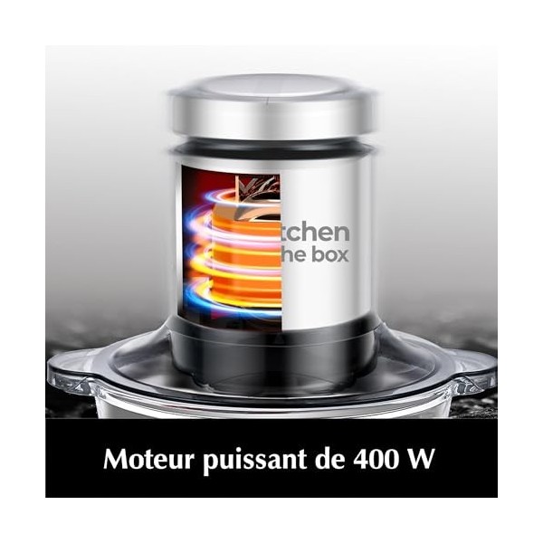 Kitchen in the box Hachoir Électrique, Mixeur hachoir, 2L Bol en acier inoxydable+2L bol en verre, 400W Super pouvoir, Hacher