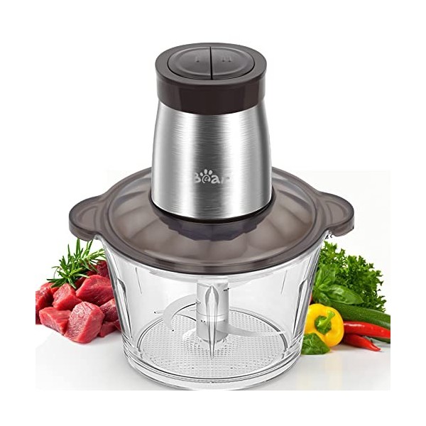 Bear 2L Hachoir Électrique Mini, Fonction Pulse DUne Seule Main,2600r/Min,2 Vitesses, Hachoir Avec 4 Lames En Acier Inoxydab