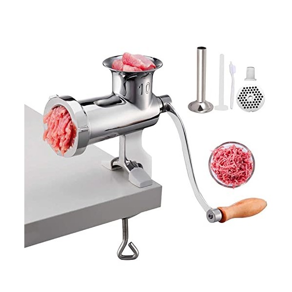 VEVOR Hachoir à Viande Manuel en Inox Alimentaire Hachoir Manuel à Manivelle 2 Plaques de Broyage 5 mm 8 mm Poussoir à Saucis