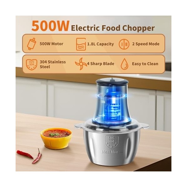 Aigostar Flor - Hachoir électrique avec bol en acier inoxydable de 1.8L et 4 lames en acier inoxydable, Hachoir à Viande de 5