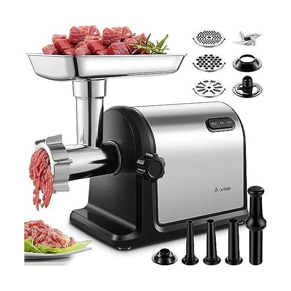Hachoir a viande AOBOSI 3-IN-1 Hachoir à viande électrique avec 3 plaques de coupe en inox, 1 Kubbe et 3 tubes de remplissage