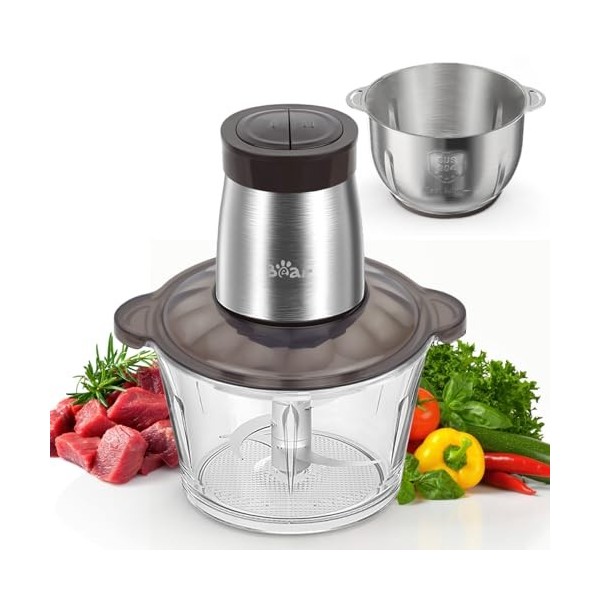 Bear 2L+1.8L Hachoir Électrique En Acier Inox, 600w 2 Vitesses, 4 Lames En Acier Inoxydable, Coupe Julienne Dans Un Récipient