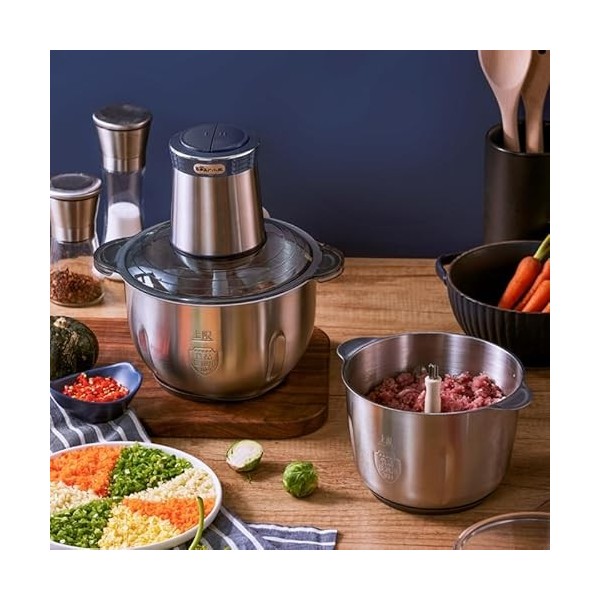 Bear 2L+1.8L Hachoir Électrique En Acier Inox, 600w 2 Vitesses, 4 Lames En Acier Inoxydable, Coupe Julienne Dans Un Récipient