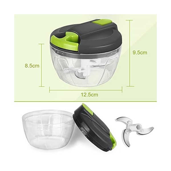 Royouzi Hachoir Manuel, 520ml Mini Hachoir, Coupe Oignon Manuel avec Acier Inoxydable 3 Lames, Mixeur Manuel Coupe Ail Hachoi