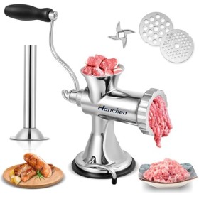 Hanchen Manuel Hachoir à Viande Acier Inoxydable Multifonction Domestique Lavement Garnissage Saucisse avec ventouse, plaques