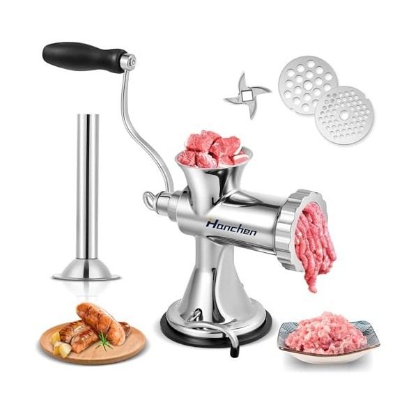 Hanchen Manuel Hachoir à Viande Acier Inoxydable Multifonction Domestique Lavement Garnissage Saucisse avec ventouse, plaques