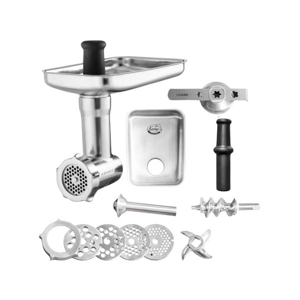 Kenny Professional Hachoir à viande pour robot de cuisine en acier inoxydable avec disques perforés, couteau hachoir, tube de