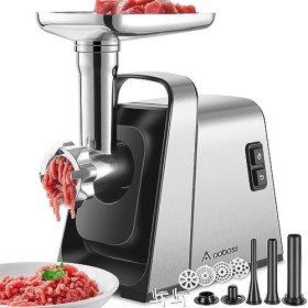 Hachoir a viande AOBOSI 4-en-1 Hachoir à viande électrique avec 4 plaques de coupe en inox, 1 Kubbe et 3 tubes de remplissage