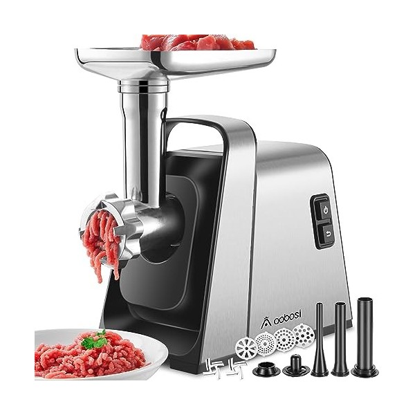 Hachoir a viande AOBOSI 4-en-1 Hachoir à viande électrique avec 4 plaques de coupe en inox, 1 Kubbe et 3 tubes de remplissage