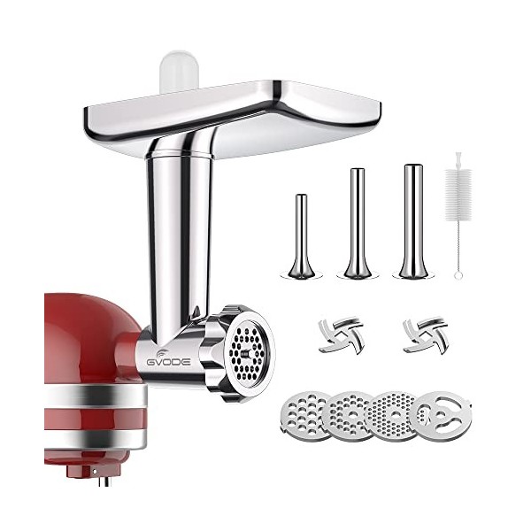 GVODE Acier Inoxydable Hachoir à Viande pour KitchenAid Robot Pâtissier, y Compris le Remplisseur de Saucisses, Parfait Acces