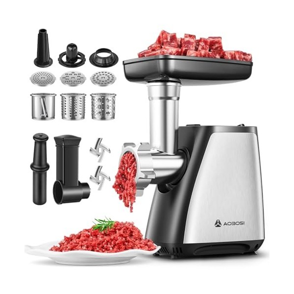 AAOBOSI Hachoir À Viande,Hachoir À Viande Électrique 4-En-1[2800 W Max]Avec 3 Lames Pour Trancher, Déchiqueter,2 Lames,4 Plaq