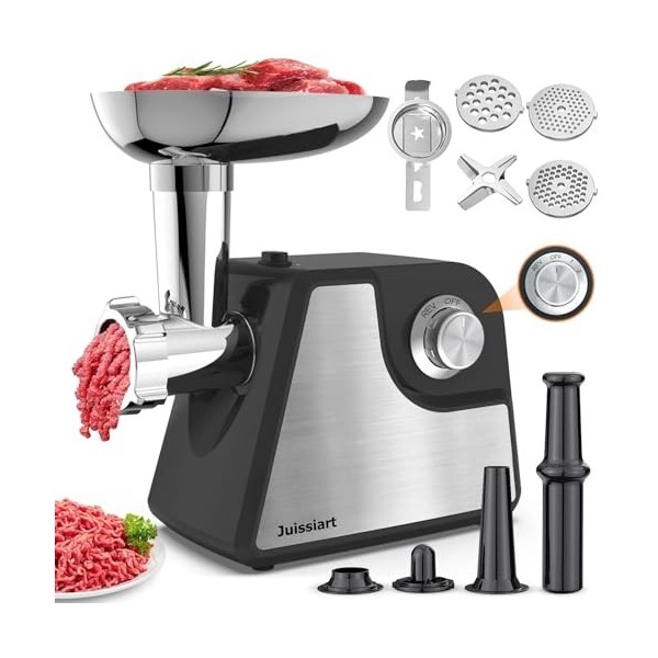 Hachoir à Viande Électrique Juissiart, Avec Lame de Broyage en Acier Inoxydable, 3 Plaques de Broyage, Accessoire à Biscuits,