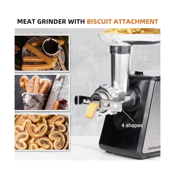 Hachoir à Viande Électrique Juissiart, Avec Lame de Broyage en Acier Inoxydable, 3 Plaques de Broyage, Accessoire à Biscuits,