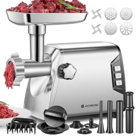AAOBOSI 12 Hachoir à Viande,[𝟑𝟎𝟎𝟎𝐖 𝐌𝐚𝐱], 3 Vitesse,Hachoir a Viande Electrique：2 Lames,4 Plaques,3 Farcisseurs de Saucisses,
