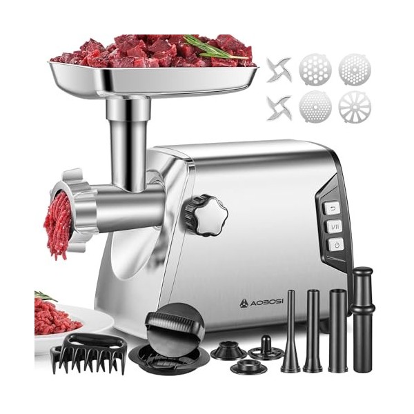 AAOBOSI 12 Hachoir à Viande,[𝟑𝟎𝟎𝟎𝐖 𝐌𝐚𝐱], 3 Vitesse,Hachoir a Viande Electrique：2 Lames,4 Plaques,3 Farcisseurs de Saucisses,