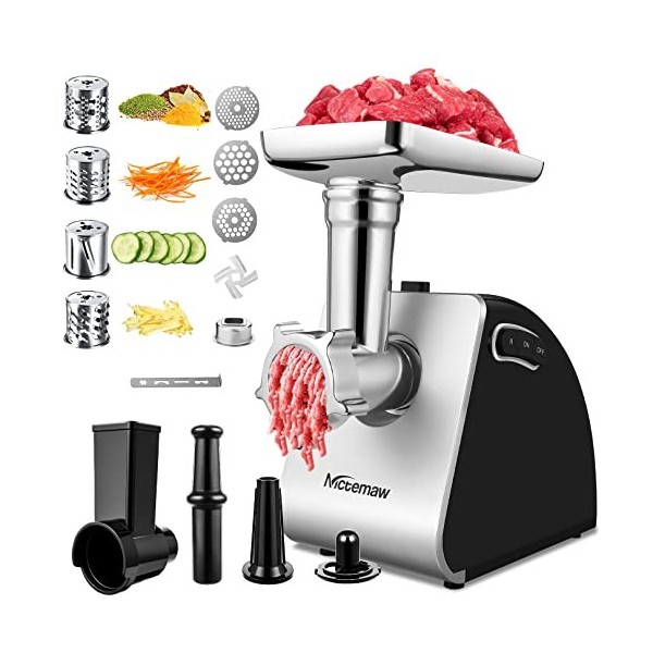 Hachoir à Viande Électrique 2000W, Machine à Saucisses et robot de Cuisine en un, avec 3 Disques de Broyage, 4 lames Coniques
