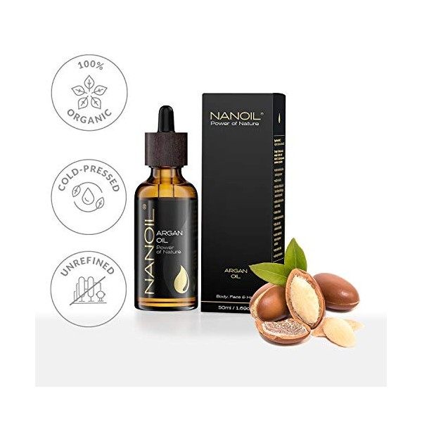 Huile d’Argan Nanoil Argan Oil 50ml – Huile d’argan naturelle, pressée à froid et non-raffinée pour les soins du visage, du c