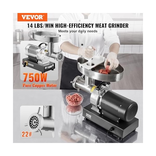 VEVOR Hachoir à Viande Électrique Capacité 6,35 kg/min, Hachoir Électrique Commercial de Comptoir, Poussoir à Saucisses en Ac