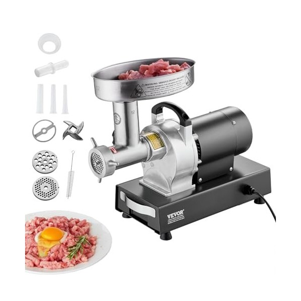 VEVOR Hachoir à Viande Électrique Capacité 4,1 kg/min, Hachoir Électrique Commercial de Comptoir, Poussoir à Saucisses en Aci