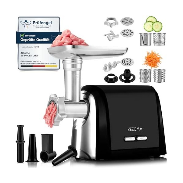 ZEEGMA Molen Chef hachoir electrique à viande 1900W avec 3 plaque de meulage en acier inoxydable, 3 kg/min, machine à sauciss