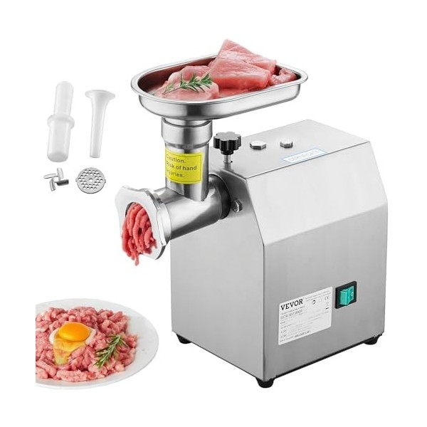 VEVOR Hachoir à Viande Électrique Commercial Capacité 2 kg/min, Hachoir Électrique de Comptoir, Poussoir à Saucisses avec Lam
