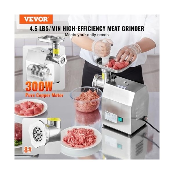 VEVOR Hachoir à Viande Électrique Commercial Capacité 2 kg/min, Hachoir Électrique de Comptoir, Poussoir à Saucisses avec Lam