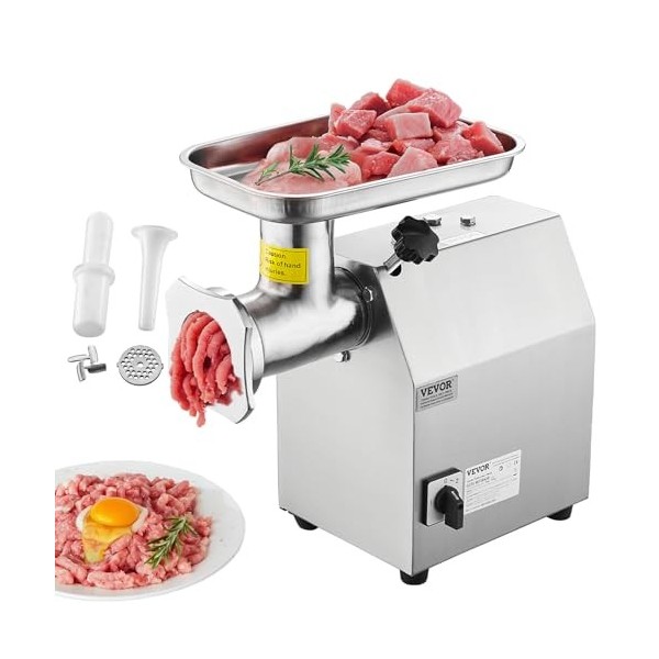 VEVOR Hachoir à Viande Électrique Commercial Capacité 4,2 kg/min, Hachoir Électrique de Comptoir, Poussoir à Saucisses avec L
