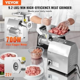 VEVOR Hachoir à Viande Électrique Commercial Capacité 4,2 kg/min, Hachoir Électrique de Comptoir, Poussoir à Saucisses avec L