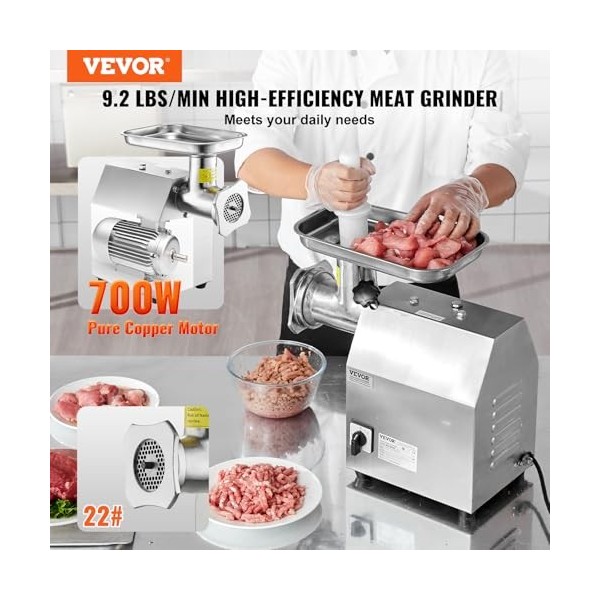 VEVOR Hachoir à Viande Électrique Commercial Capacité 4,2 kg/min, Hachoir Électrique de Comptoir, Poussoir à Saucisses avec L