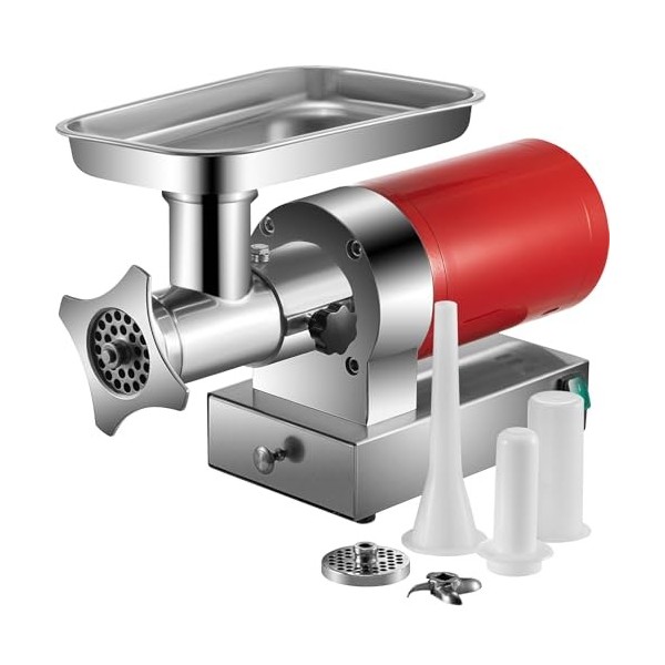 VEVOR Hachoir à Viande Électrique Capacité 300 kg/h, Hachoir Électrique 1100 W 1,5 HP, Poussoir à Saucisses en Inox, avec Pla