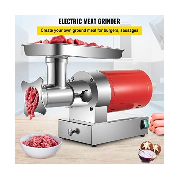 VEVOR Hachoir à Viande Électrique Capacité 300 kg/h, Hachoir Électrique 1100 W 1,5 HP, Poussoir à Saucisses en Inox, avec Pla
