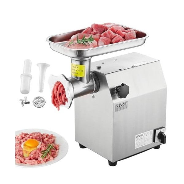 VEVOR Hachoir à Viande Électrique Capacité 2,5 kg/min, Hachoir Électrique de Comptoir, Poussoir à Saucisses en Inox, avec Lam
