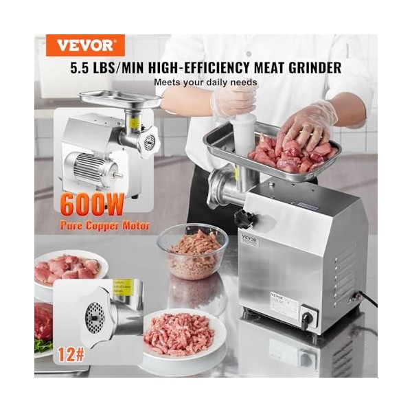 VEVOR Hachoir à Viande Électrique Capacité 2,5 kg/min, Hachoir Électrique de Comptoir, Poussoir à Saucisses en Inox, avec Lam