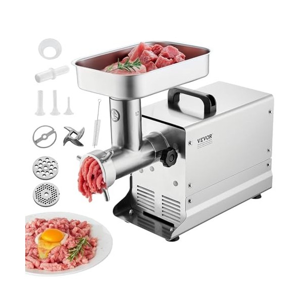 VEVOR Hachoir à Viande Électrique Commercial Capacité 2,3 kg/min, Hachoir Électrique de Comptoir, Poussoir à Saucisses avec L