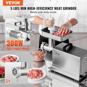 VEVOR Hachoir à Viande Électrique Commercial Capacité 2,3 kg/min, Hachoir Électrique de Comptoir, Poussoir à Saucisses avec L