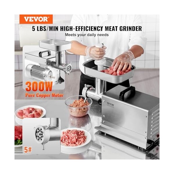 VEVOR Hachoir à Viande Électrique Commercial Capacité 2,3 kg/min, Hachoir Électrique de Comptoir, Poussoir à Saucisses avec L