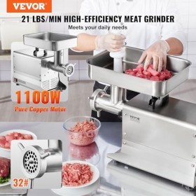 VEVOR Hachoir à Viande Électrique Commercial Capacité 9,5 kg/min, Hachoir Électrique de Comptoir, Poussoir à Saucisses avec L