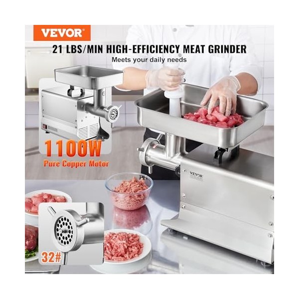 VEVOR Hachoir à Viande Électrique Commercial Capacité 9,5 kg/min, Hachoir Électrique de Comptoir, Poussoir à Saucisses avec L