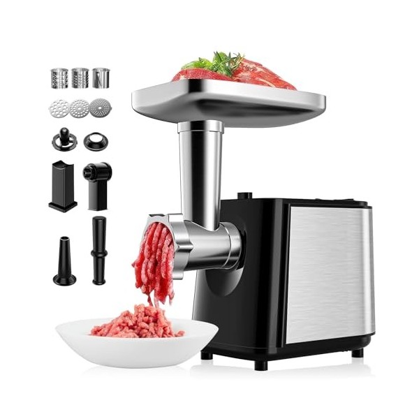 Helangel 3 en 1 Hachoir a viande electrique, Hachoir Viandeavec 3 lames à légumes et 3 plaques de broyage, machine à saucisse