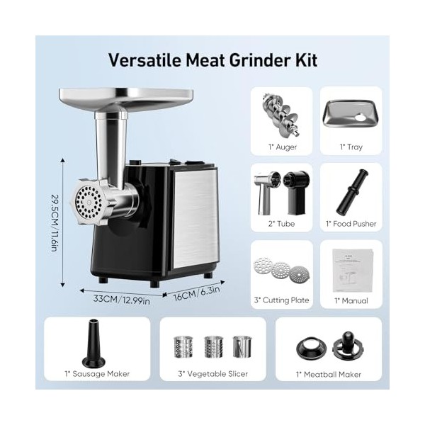 Helangel 3 en 1 Hachoir a viande electrique, Hachoir Viandeavec 3 lames à légumes et 3 plaques de broyage, machine à saucisse
