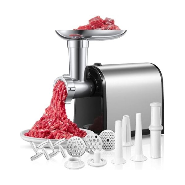 3 en 1 Hachoir à Viande Électrique Professionnel avec 3 Plaques Abrasives en Acier Inoxydable, 1 Kubbe et 3 tubes de Rempliss