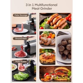 3 en 1 Hachoir à Viande Électrique Professionnel avec 3 Plaques Abrasives en Acier Inoxydable, 1 Kubbe et 3 tubes de Rempliss