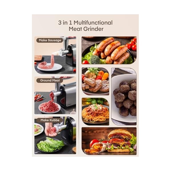 3 en 1 Hachoir à Viande Électrique Professionnel avec 3 Plaques Abrasives en Acier Inoxydable, 1 Kubbe et 3 tubes de Rempliss