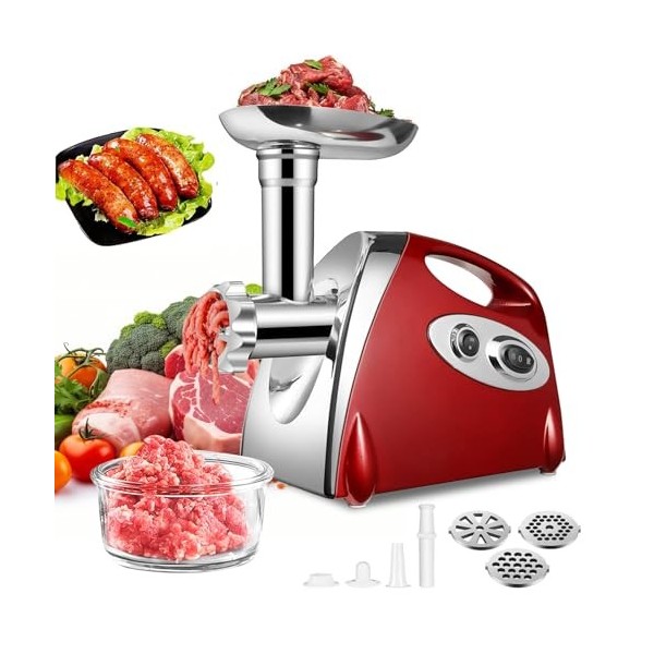 SINZUX Hachoir à viande et à saucisses électrique 2800 W, Couteau en acier inoxydable, avec rotation avant et arrière Hachoir