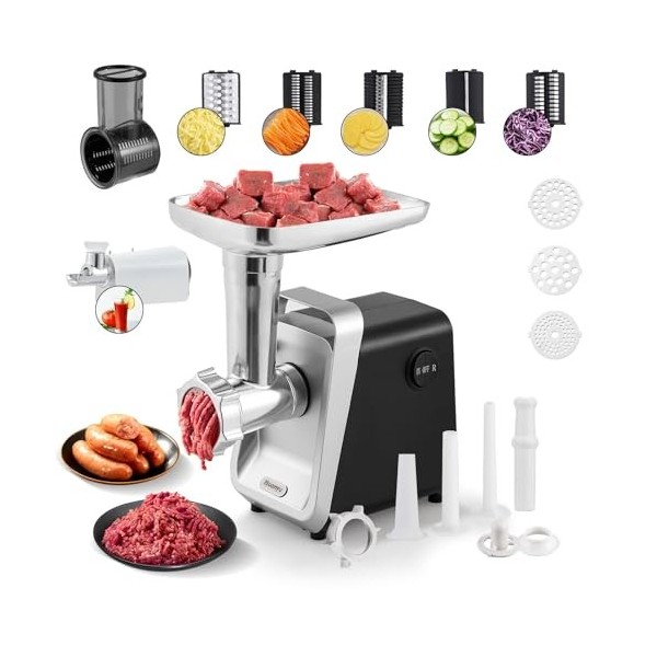 Huanyu Hachoir Électrique Râpe à Fromage Électrique Multi-fonctions Hachoir a Viande avec Poussoir a Saucisse Coupe-légumes É